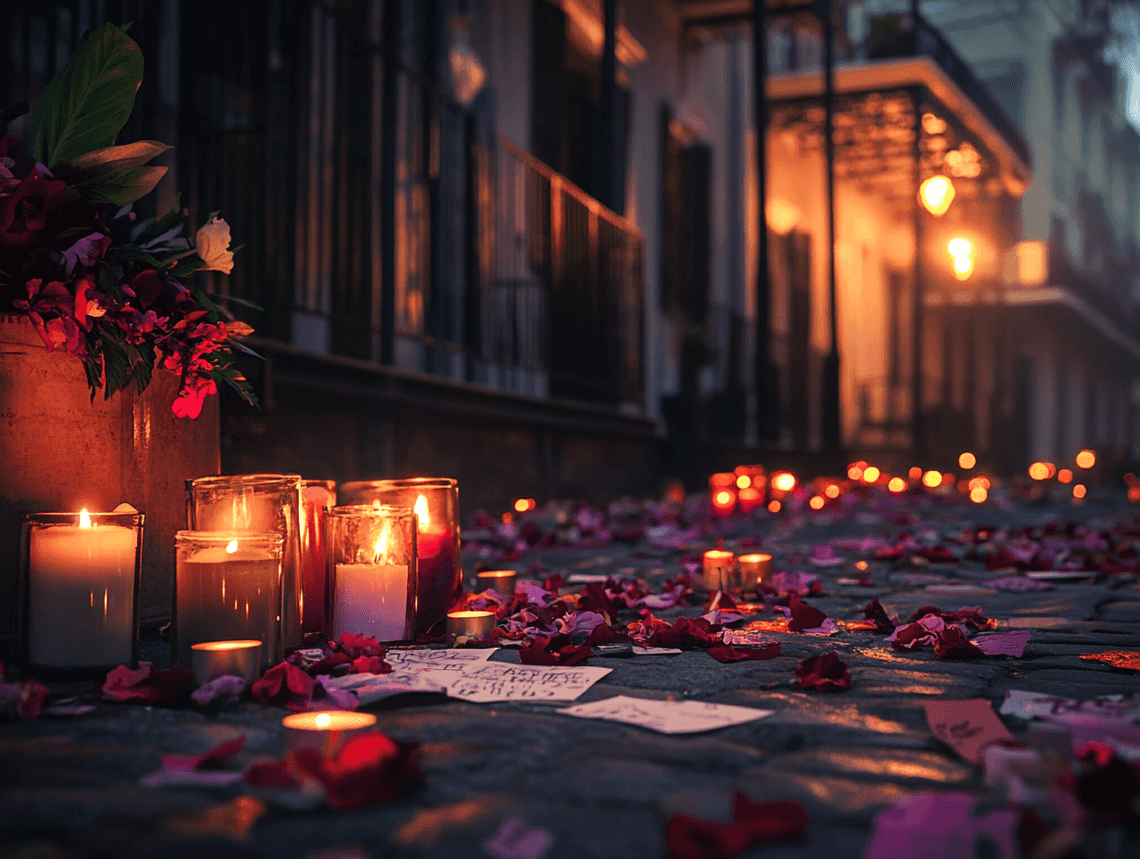 A memorial with flowers and candles on Bourbon Street