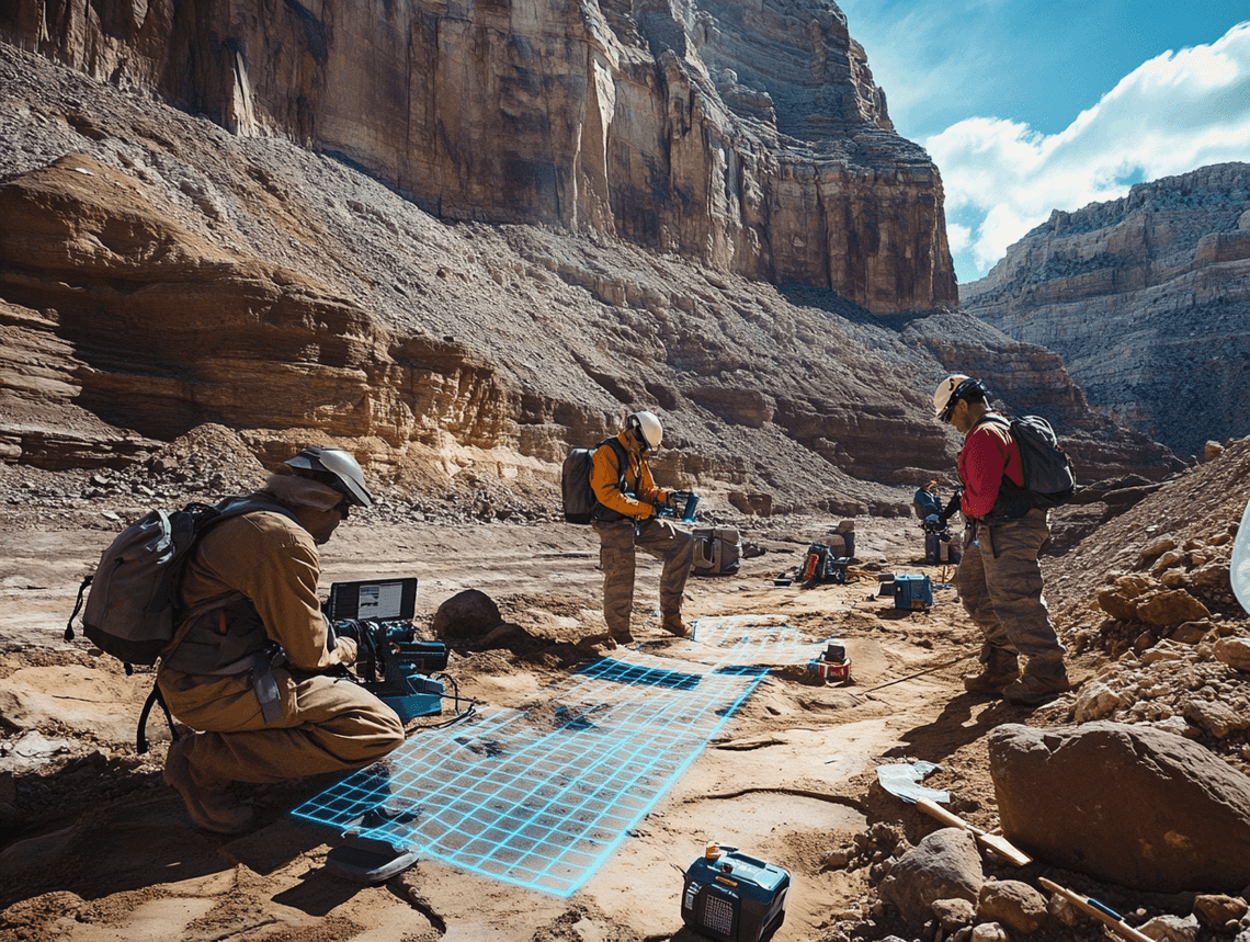 A panoramic view of the excavation site with dinosaur tracks