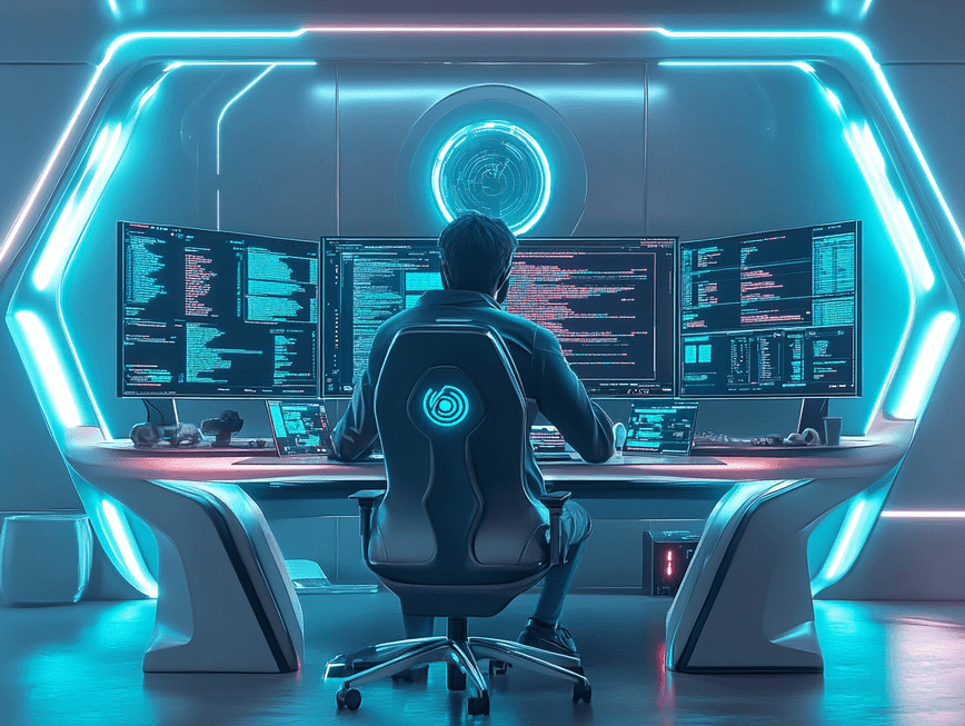 A futuristic workspace with developers using advanced tools, symbolizing the future of version control