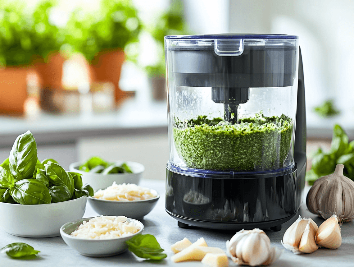 A sleek food processor on a counter with freshly chopped vegetables