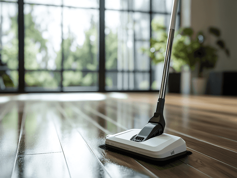 A sleek, modern mop with a shiny, clean floor in the background