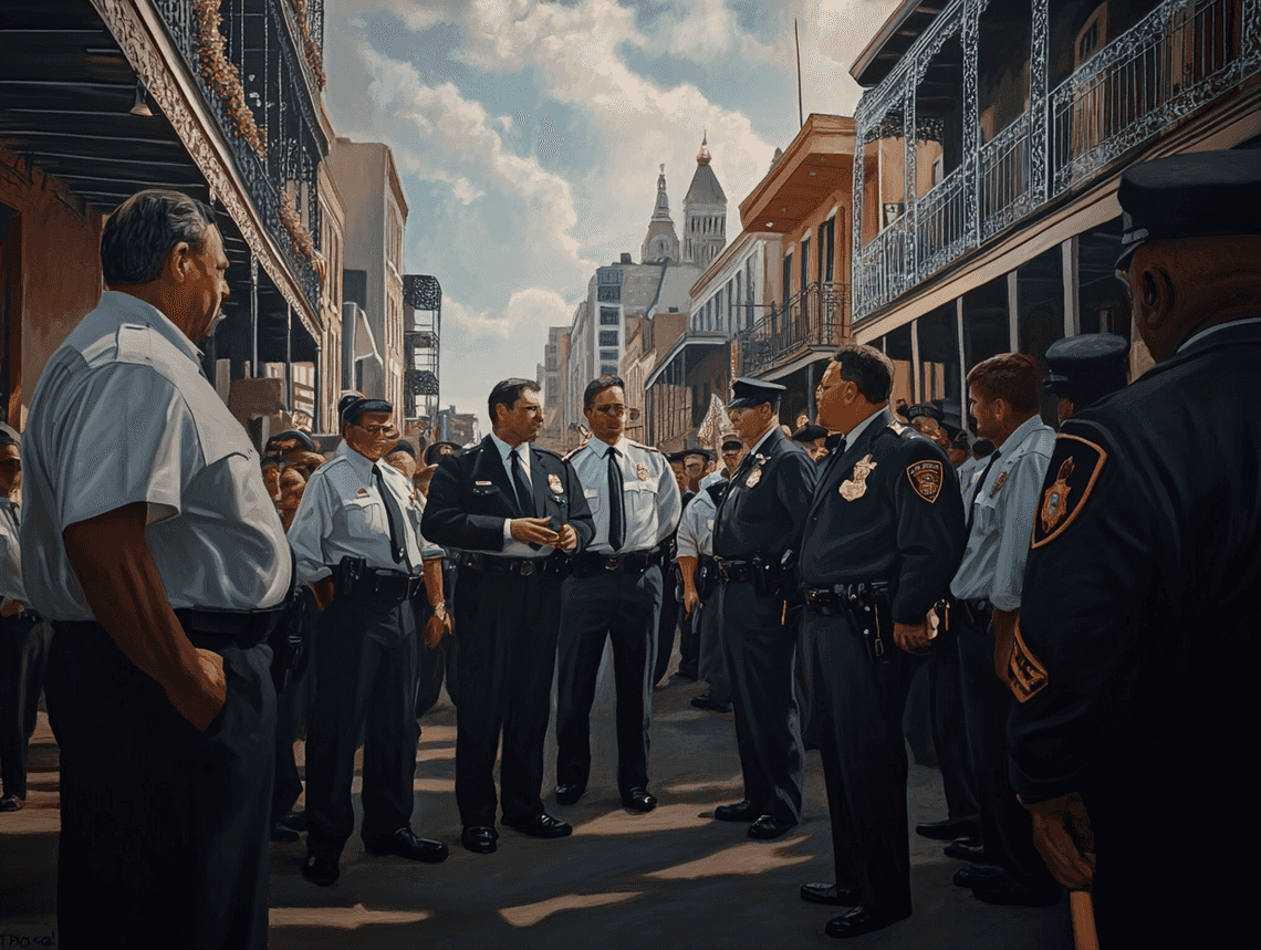 Police and city officials discussing safety measures on Bourbon Street