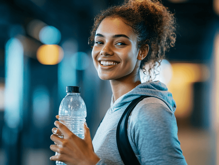 A woman smiling and holding a water bottle after completing a workout