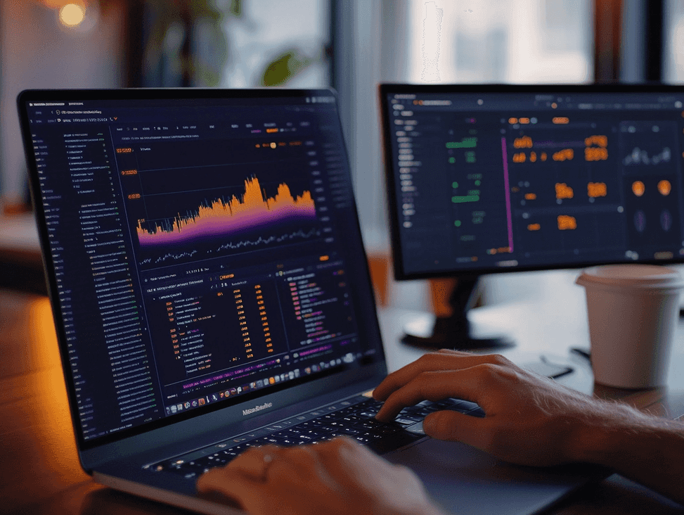 A professional workspace setup with multiple monitors displaying data analysis tools.