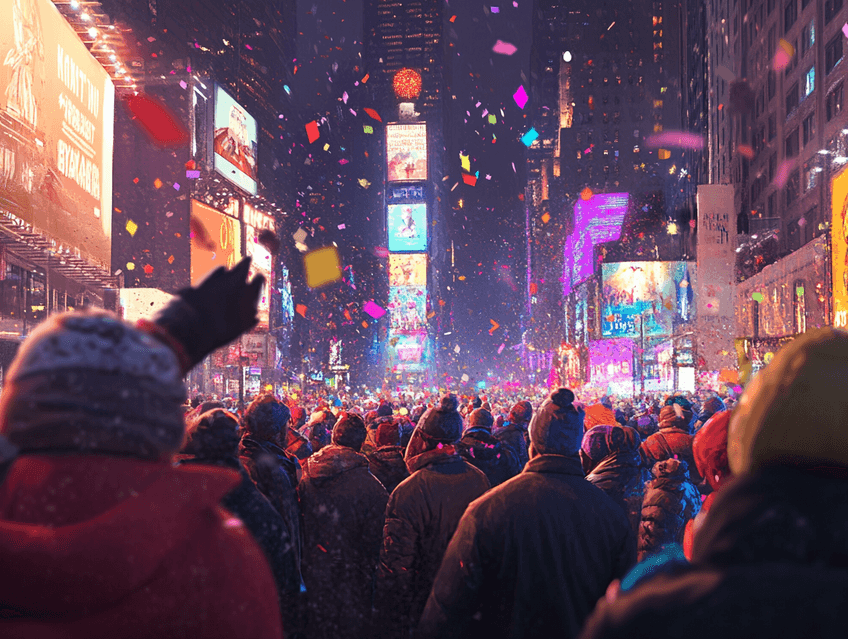 A vibrant image of Times Square lit up at night with crowds celebrating New Year's Eve