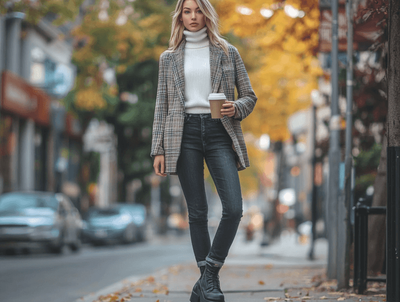 A plaid blazer paired with jeans and ankle boots