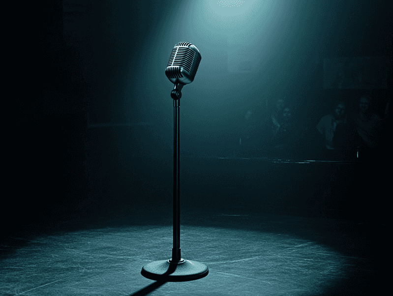 A spotlight on a microphone on stage, symbolizing the power of storytelling
