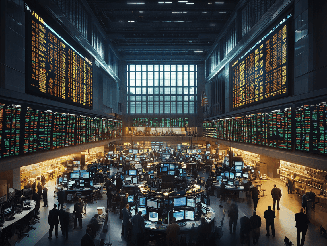 A bustling stock exchange floor with large digital screens displaying market indices and charts