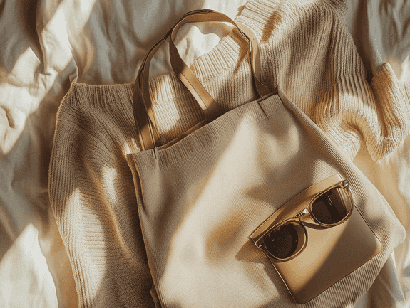 A stylish outfit flat lay featuring a structured tote bag, sunglasses, and neutral-toned clothing