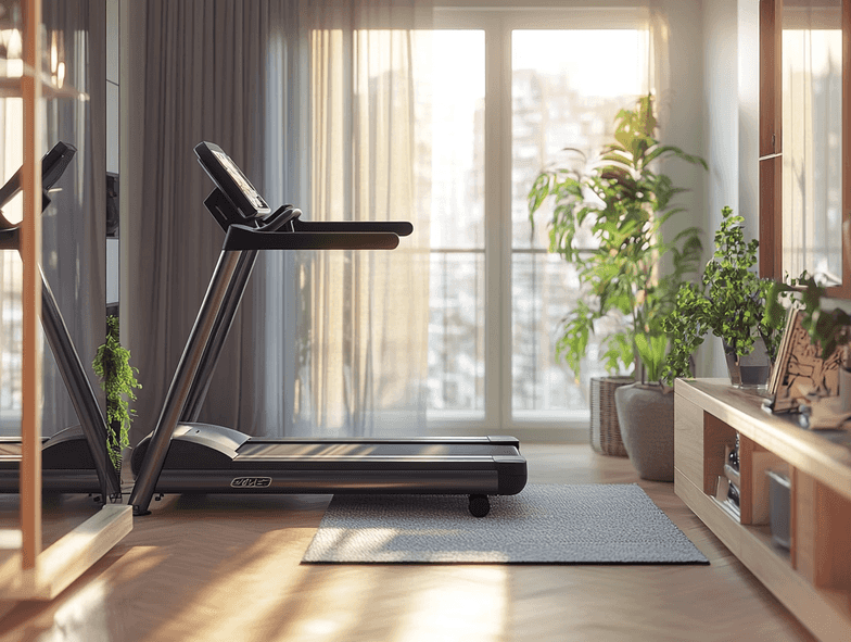 A compact foldable treadmill in a small apartment setting