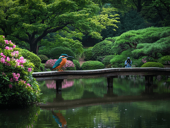A birdwatcher in Yoyogi Park capturing a rare bird on camera