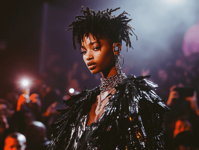 Willow Smith performing on stage, surrounded by a vibrant and energetic crowd