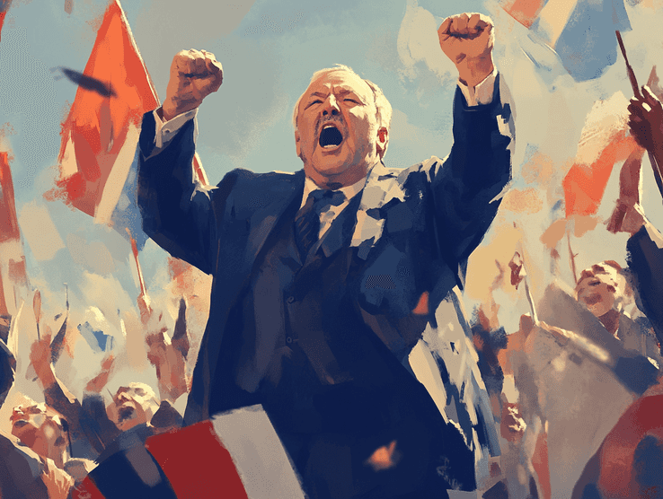A portrait of Jean-Marie Le Pen during a political rally, showing his characteristic fiery expression
