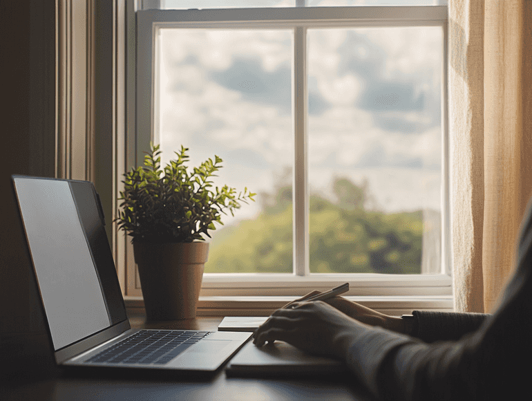 A serene setting with a person using a laptop for an online therapy session