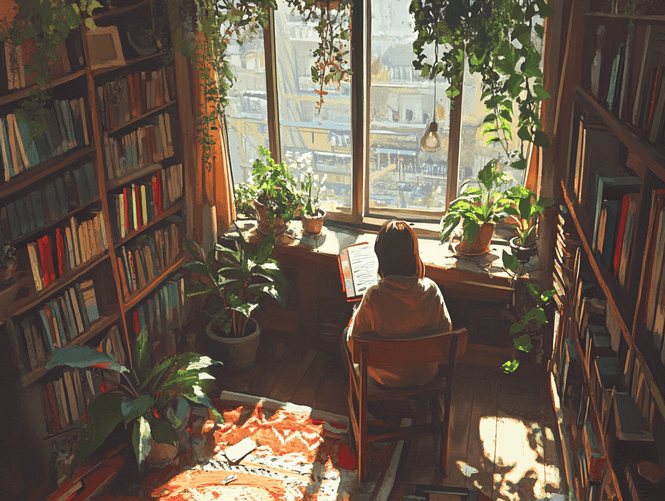 An individual painting in a serene environment