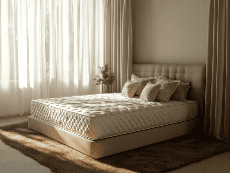 A cozy bedroom setup with a luxurious mattress and soft bedding