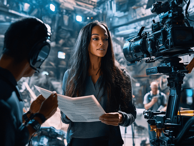 Zoe Saldana on a movie set, holding a script and smiling
