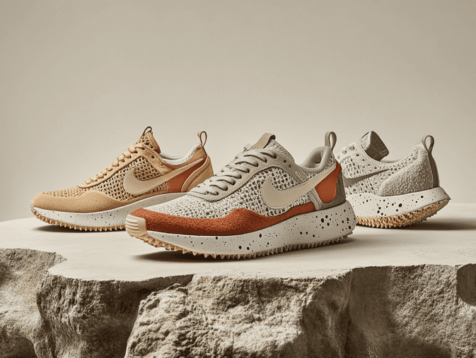 A photorealistic image of Nike's latest sustainable footwear collection