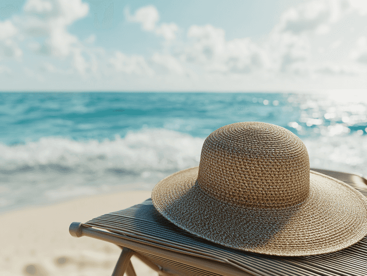 A stylish wide-brim hat placed on a beach chair with a tropical background