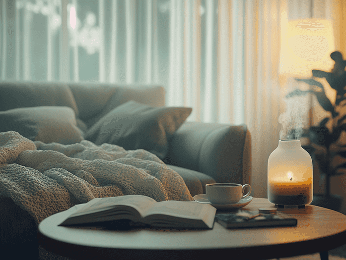 A serene spa-like setting with candles, essential oils, and a massage tool