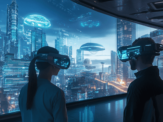 A futuristic concept of a city where people use 3D holographic smartglasses in daily life