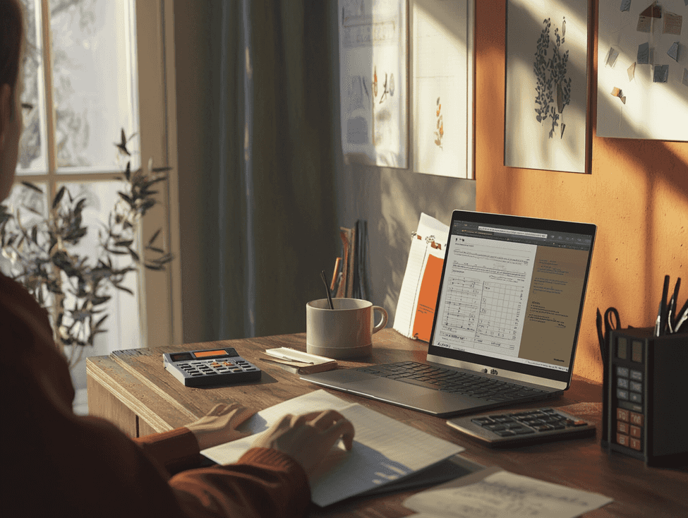 A person reviewing their budget on a laptop with a notebook and calculator nearby