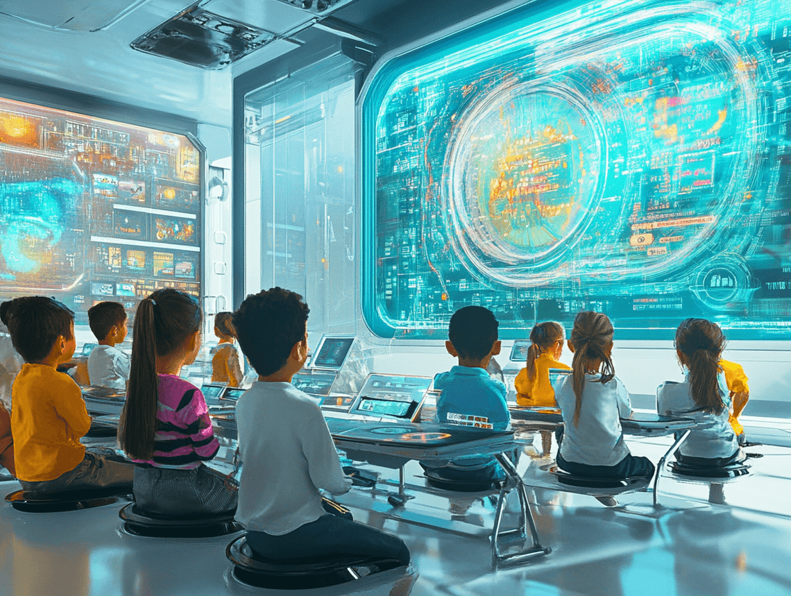 A group of diverse children using tablets and VR headsets, symbolizing Generation Beta's tech-savvy nature