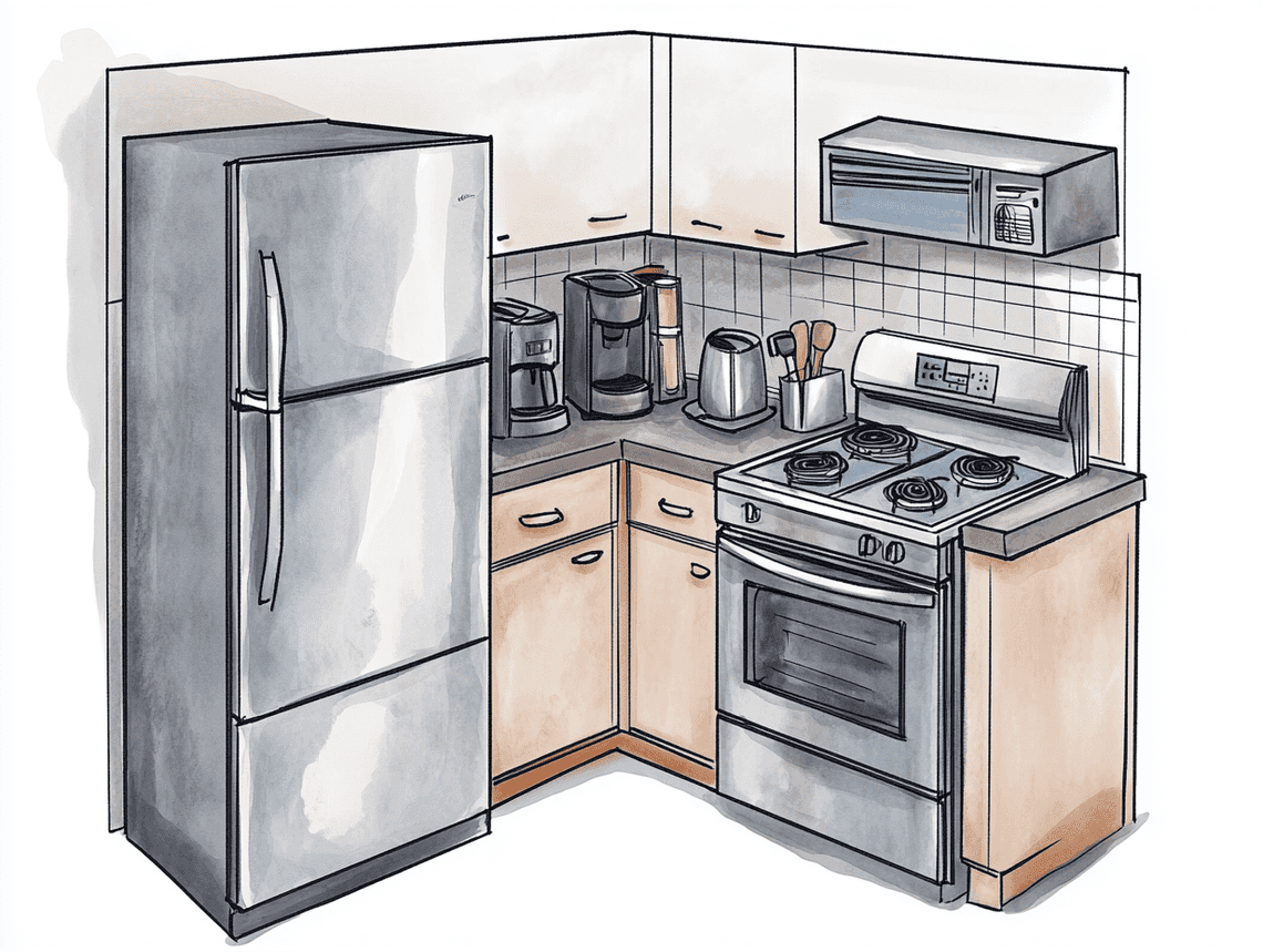 A modern rental kitchen with well-placed appliances and organized countertops