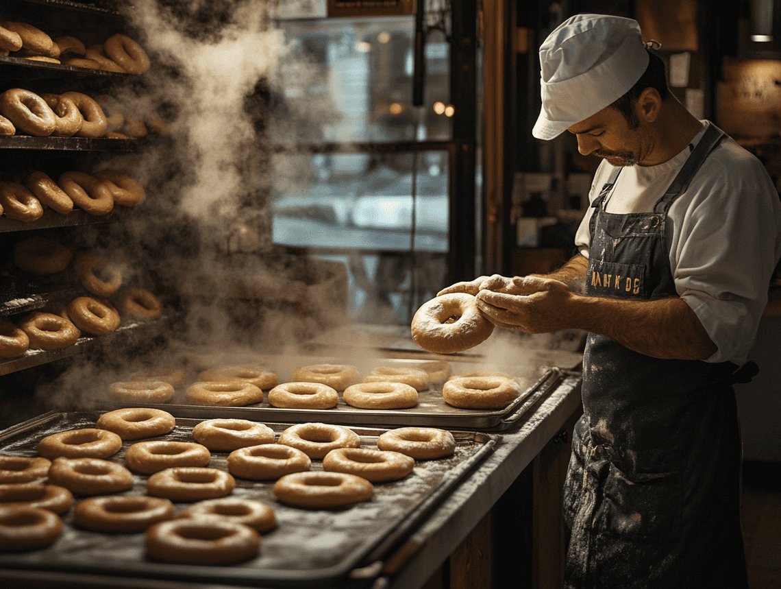 A basket of fresh NYC bagels with cream cheese and toppings