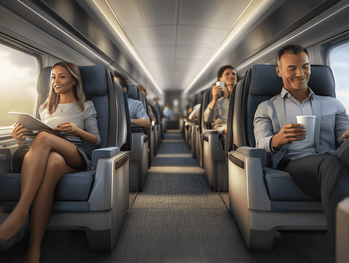 Interior of an Amtrak business class car with spacious seating and passengers relaxing