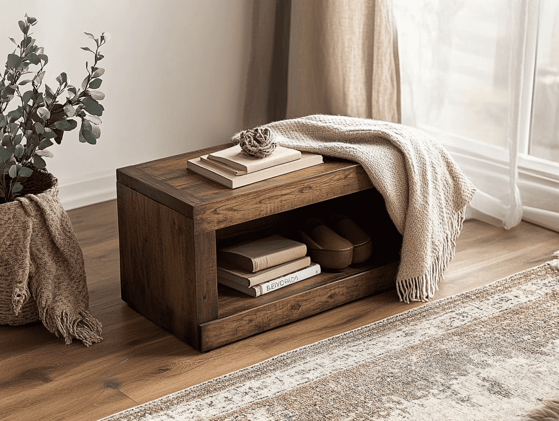 A close-up of a stylish shoe storage bench in a small entryway, showcasing its compact design