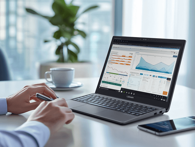 A professional using the Lenovo Yoga 7i in a modern office setting