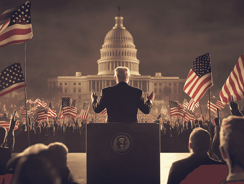 A striking image of Donald Trump addressing a crowd, symbolizing his controversial victory