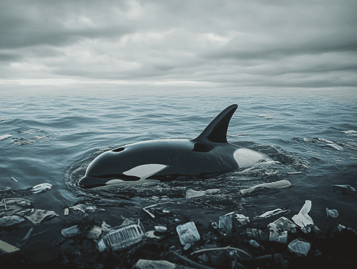 A polluted ocean with a lone orca swimming, symbolizing environmental challenges