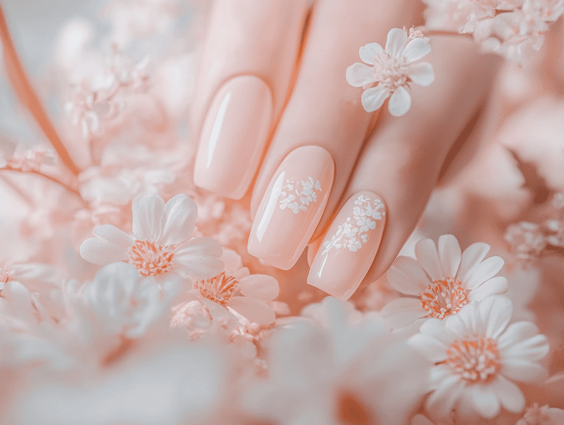A set of manicured nails in baby pink, holding a cup of coffee