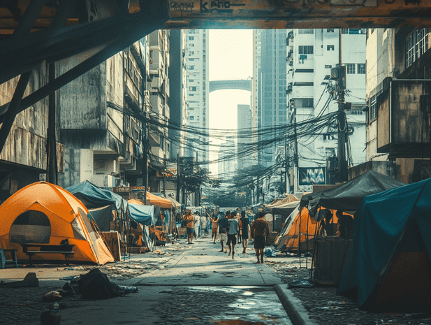 A chaotic street scene in Cracolândia, São Paulo, with makeshift tents and people wandering aimlessly