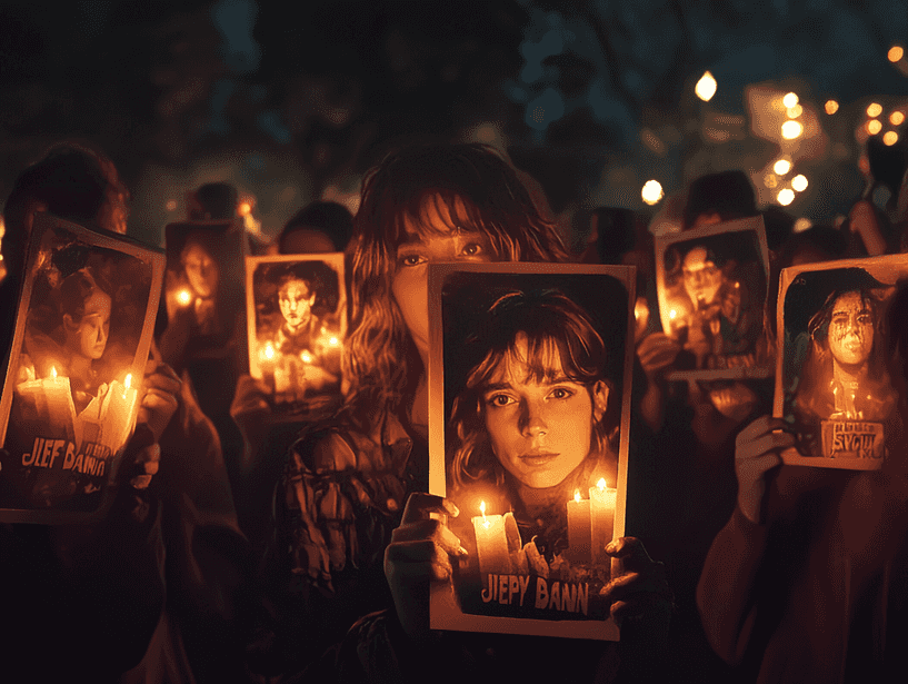 A candlelit vigil with fans holding posters of Jeff Baena’s films, creating a somber yet heartfelt atmosphere