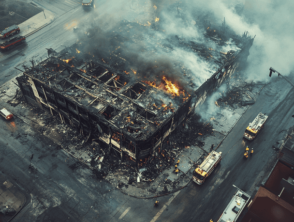 Aerial view of a charred building surrounded by emergency vehicles
