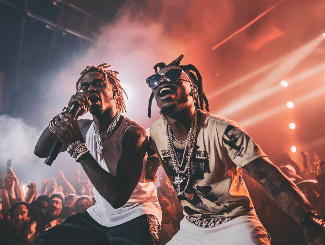 A group of hip-hop artists standing together in solidarity at a public event