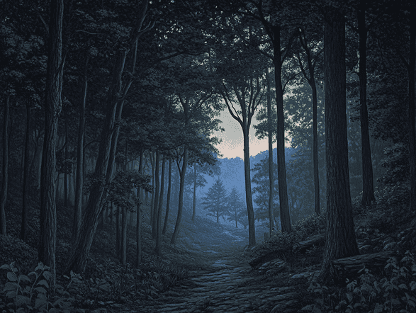 A dark, eerie forest with a sense of foreboding, symbolizing the crime scene