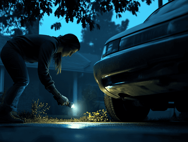 A car parked in a secure garage with surveillance cameras