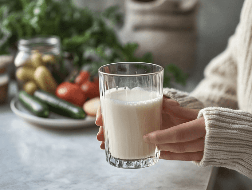 Close-up of probiotic capsules and fermented foods on a wooden table