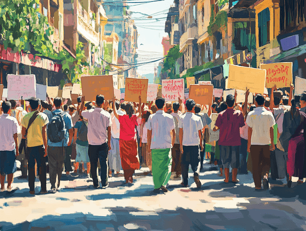 A hopeful scene of protesters holding signs for democracy in Myanmar.