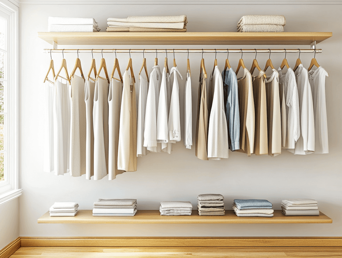 A minimalist wardrobe hanging neatly in a closet, symbolizing the no-buy movement