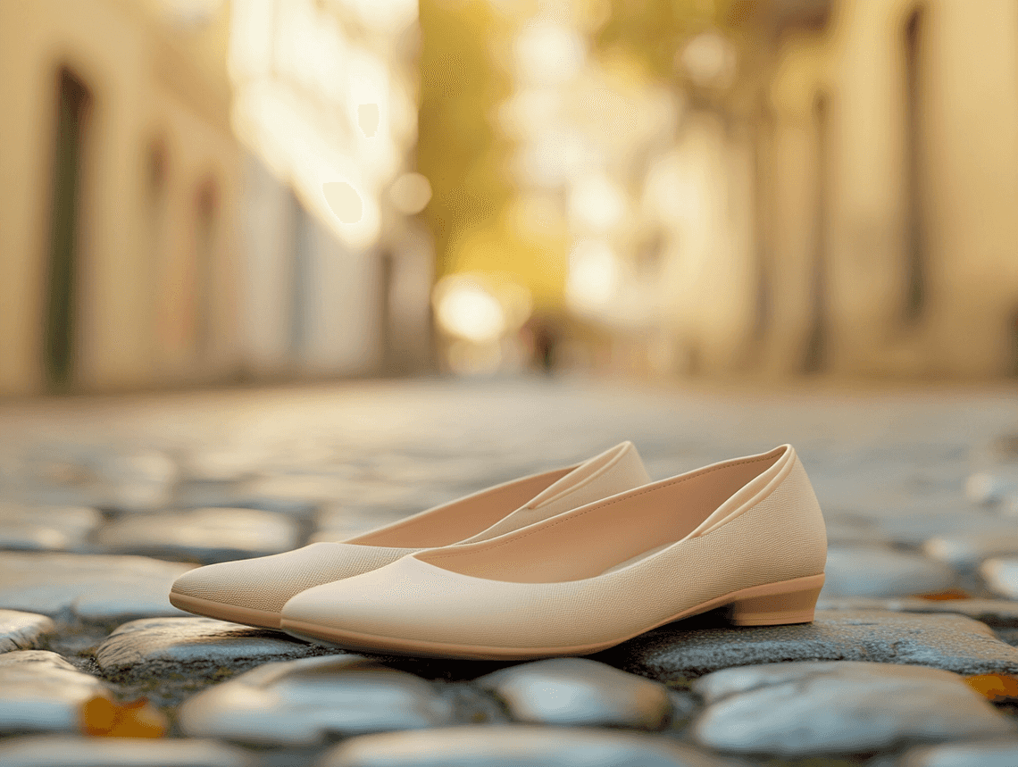 A pair of stylish glove flats displayed on a wooden floor with soft lighting