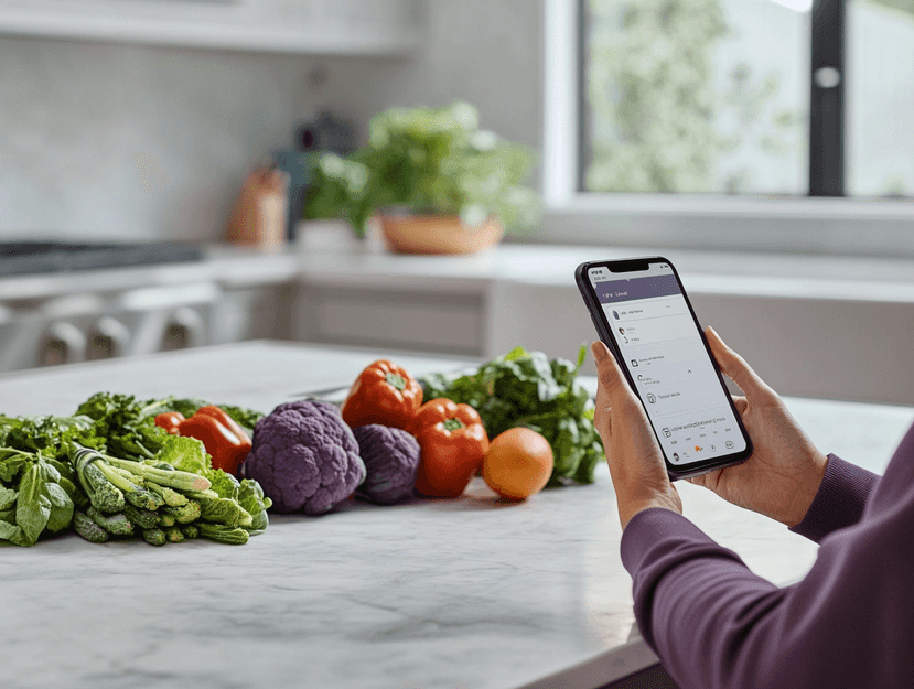 A family shopping for groceries with a focus on a smartphone app showing discounts