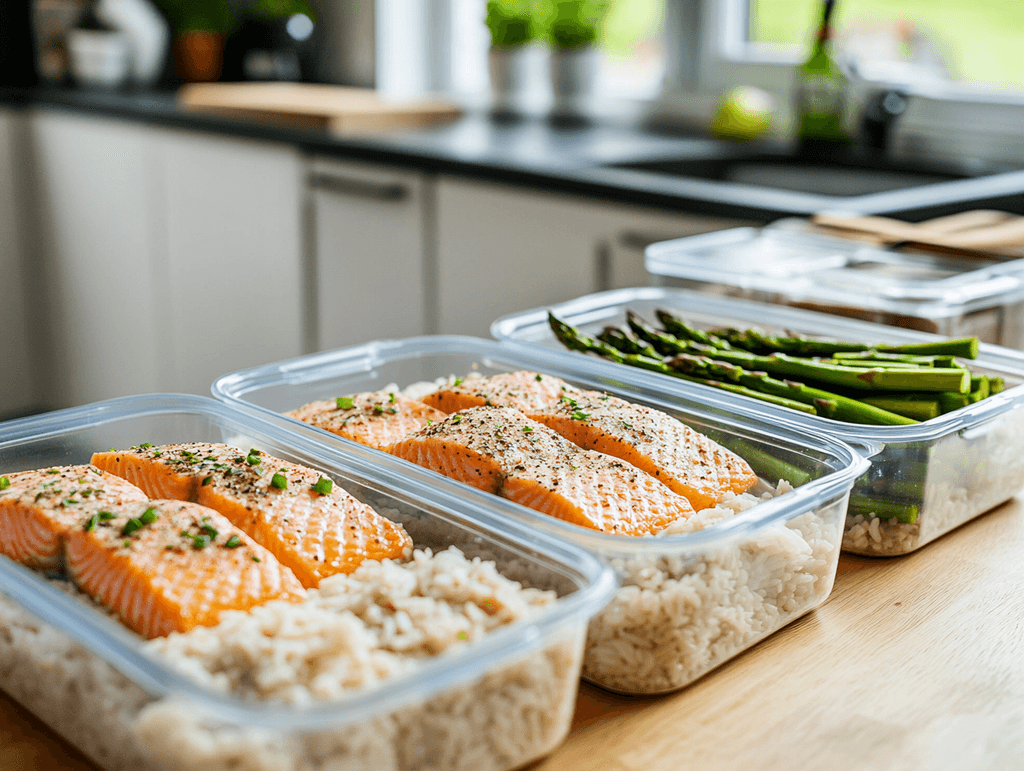 A close-up of meal prep containers filled with salmon, asparagus, and brown rice