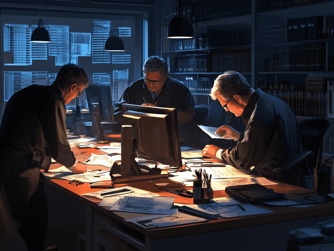A detailed image of investigators analyzing documents and computer files in an office setting.