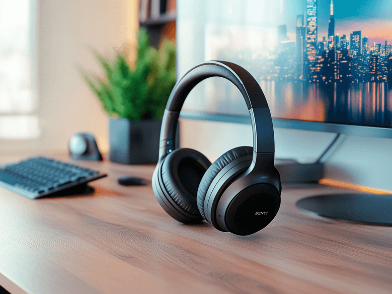 A sleek pair of Sony headphones displayed on a modern desk setup
