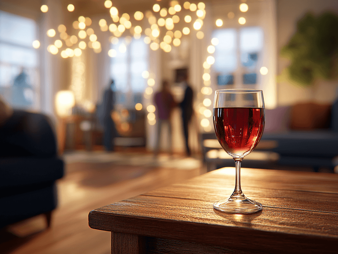A glass of wine on a table with a blurred background of a social gathering